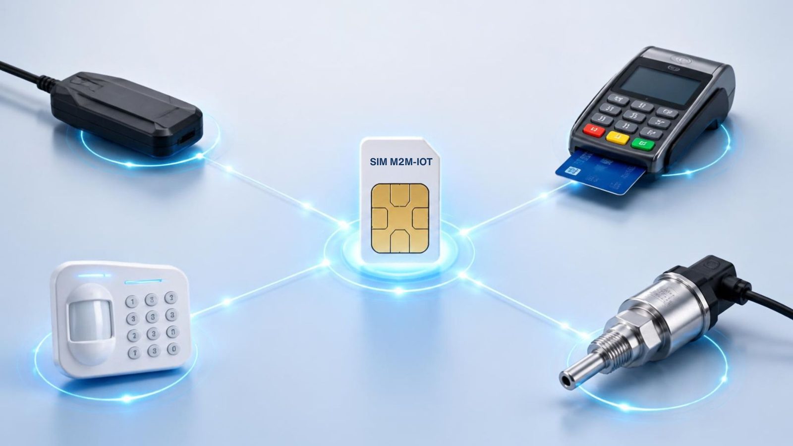 Carte SIM M2M Hive Finances connectée à une alarme, un terminal de paiement, un traceur GPS et un capteur IoT